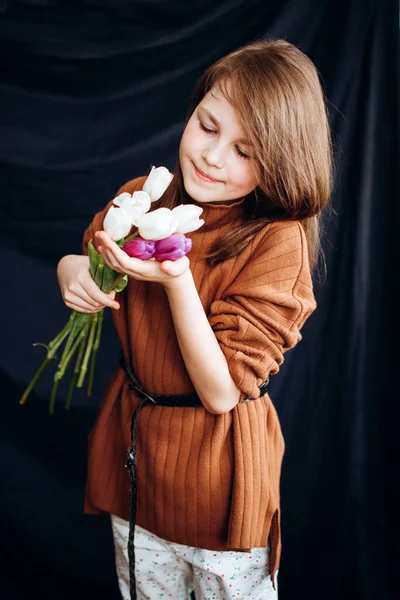 Girl Tulips Dark Background Happy Mother Day — Stock Photo, Image