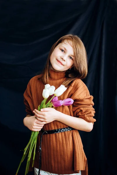 Girl Tulips Dark Background Happy Mother Day Stock Picture