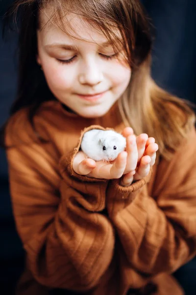 Beautiful Girl Playing Her Pet White Hamster Home Photo Shoot Stock Picture