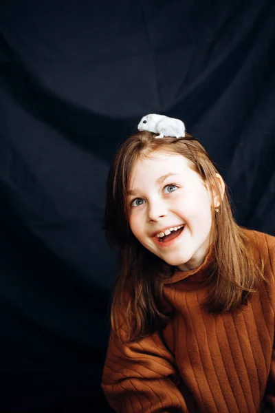 Beautiful Girl Playing Her Pet White Hamster Hamster Child Head Stock Image