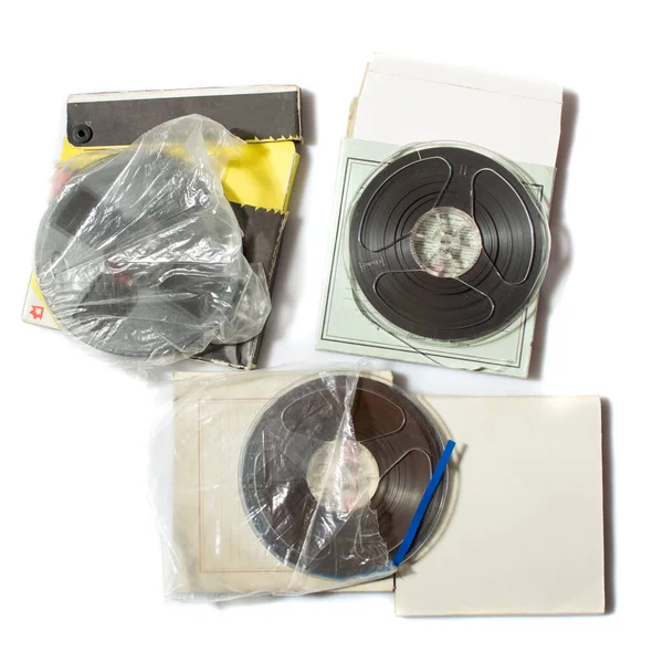 Retro reel to reel tapes on a carton box — Stock Photo, Image
