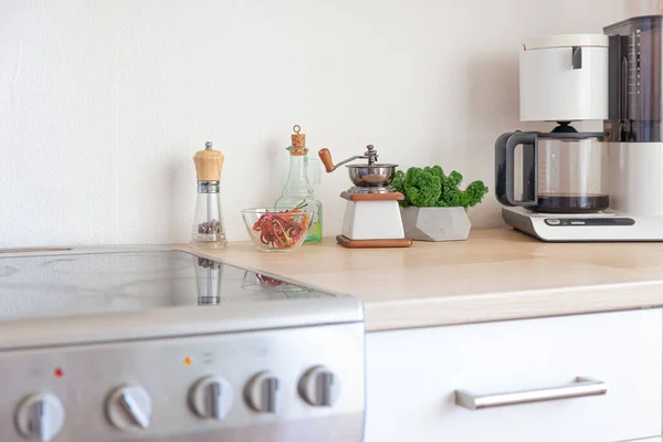 Scandinavische Klassieke Minimalistische Keuken Met Witte Houten Details Moderne Witte — Stockfoto