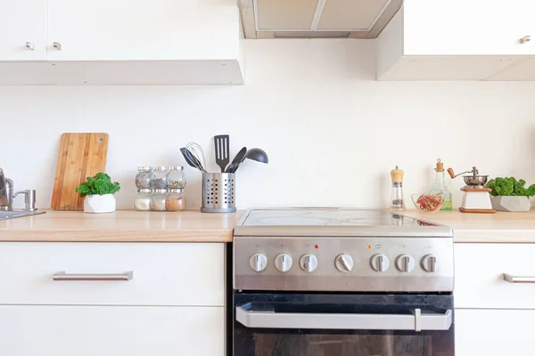 Cocina Minimalista Clásica Escandinava Con Detalles Blanco Madera Cocina Blanca —  Fotos de Stock