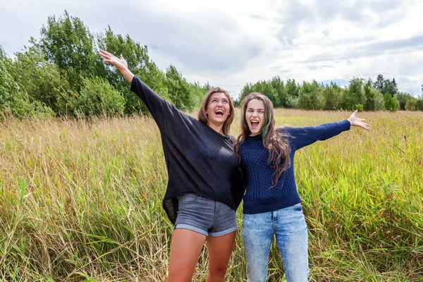 暑假快乐的人的概念 由两个女友姐妹组成的一个小组 在大自然中一起跳舞 可爱的时刻最好的朋友 — 图库照片