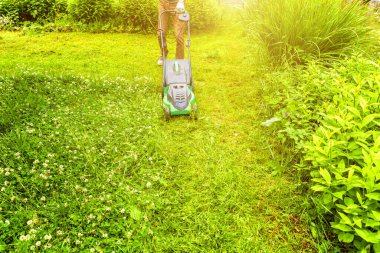 Bahçede çim biçme makinesiyle çim biçen bir adam. Bahçe işleri kırsal yaşam tarzı. Güneş ışığında taze yeşil çimlerin manzarası baharda ya da yaz mevsiminde bahçe manzarası