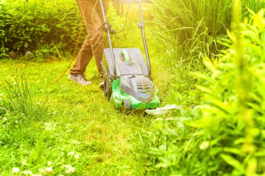 Bahçede çim biçme makinesiyle çim biçen bir adam. Bahçe işleri kırsal yaşam tarzı. Güneş ışığında taze yeşil çimlerin manzarası baharda ya da yaz mevsiminde bahçe manzarası