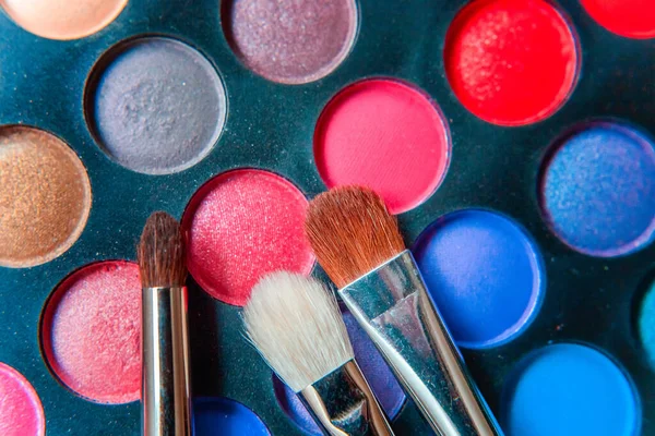 Ferramentas Para Maquiagem Cosméticos Diferentes Tons Paleta Sombra Maquiagem Escova — Fotografia de Stock