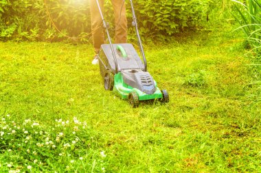 Bahçede çim biçme makinesiyle çim biçen bir adam. Bahçe işleri kırsal yaşam tarzı. Güneş ışığında taze yeşil çimlerin manzarası baharda ya da yaz mevsiminde bahçe manzarası