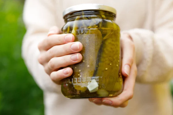 Woman Housewife Hand Holding Glass Jar Pickled Cucumbers Domestic Preparation — Stock Photo, Image
