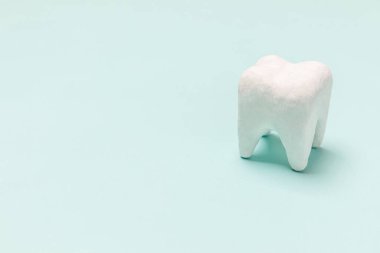 Sağlık diş sağlığı konsepti. Pastel mavi arka planda beyaz, sağlıklı bir diş modeli var. Diş beyazlatma, diş temizliği, diş bakımı, dişçi günü. Boşluğu kopyala