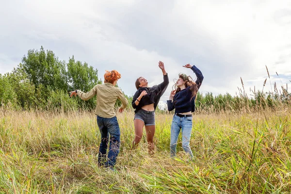 Summer holidays vacation happy people concept. Group of three friends boy and two girls dancing and having fun together outdoors. Picnic with friends on road trip in nature
