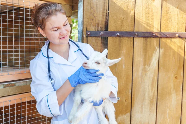 Young veterinarian woman with stethoscope holding and examining goat kid on ranch background. Young goatling in vet hands for check up in natural eco farm. Modern animal livestock, ecological farming