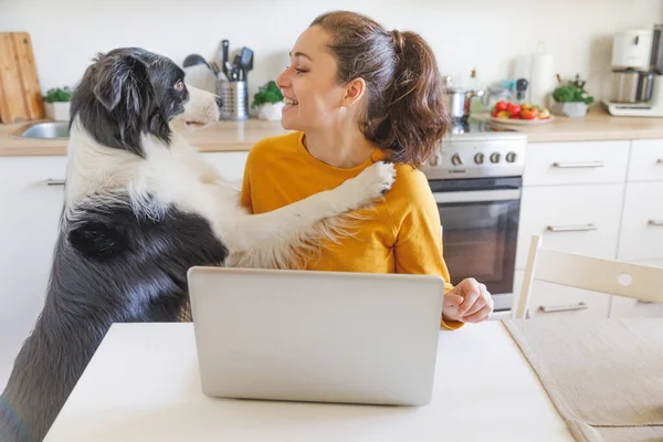 Oficina Móvil Casa Mujer Joven Con Perro Compañía Sentado Cocina —  Fotos de Stock