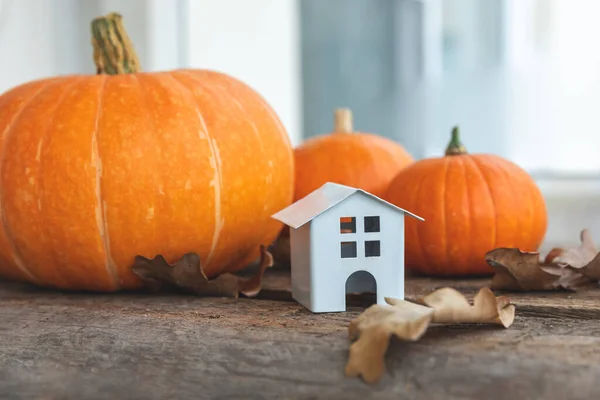 Herbstlicher Hintergrund Spielzeughaus Und Kürbis Auf Hölzernem Hintergrund Danksagungsbanner Kopieren — Stockfoto