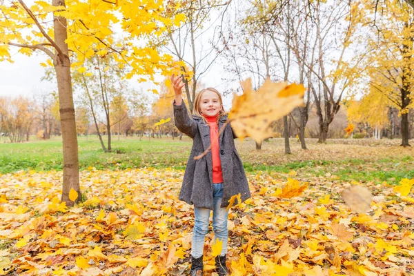 Happy young girl playing under falling yellow leaves in beautiful autumn park on nature walks outdoors. Little child throws up autumn orange maple leaves