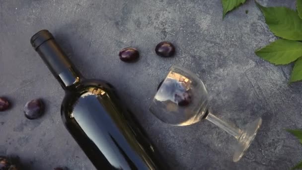 Draufsicht auf eine Flasche Rotwein, grüne Rebe, Weinglas und reife Trauben auf dunklem Steintischhintergrund. Vinothek Weinbar Weingut oder Weinverkostungskonzept. — Stockvideo