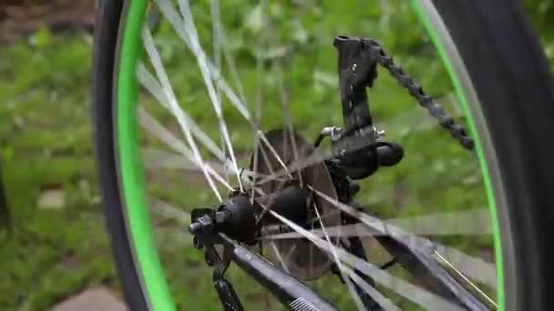 Fietsenmaker voor reparatie in fietsenmaker, buiten. Fietswiel close-up klaar voor onderzoek, repareert moderne fiets transmissiesysteem. Fietsonderhoud, sport winkel concept. — Stockvideo
