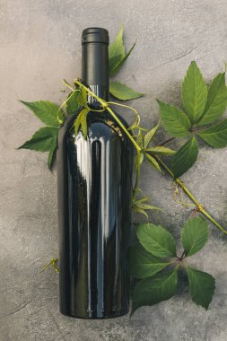 Bir şişe kırmızı şarap ve eskimiş siyah taş masa zemininde yeşil şarap. Metin için üst görünüm kopyalama alanı. Şarap dükkanı şarap dükkanı ya da şarap tatma konsepti