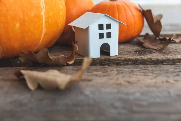 Herbstlicher Hintergrund Spielzeughaus Und Kürbis Auf Hölzernem Hintergrund Danksagungsbanner Kopieren — Stockfoto