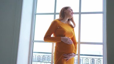 Hamilelik anneliği insanların gelecek beklentisi. Evinin penceresinin yanında koca göbekli hamile bir kadın var. Karnına sarılan ve hamileliğin tadını çıkaran bir kız. Annelik şefkati ebeveynlik yeni yaşam konsepti