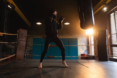 Kadın kendini savunma gücü. Güçlü kadın boks ringinde boks antrenmanı yapıyor. Sağlıklı, boks torbası yumruklayan güçlü bir kız. Boks salonunda antrenman günü. Vücut çalıştırma eğitimine uygun güç