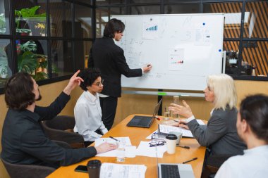 Takım çalışması beyin fırtınası. Ofis toplantısında birlikte çalışan iş arkadaşları. İş arkadaşları proje fikirlerini tartışıyor. Yaratıcı ofisteki bir grup insan iş konuşuyor. Genç profesyonel takım