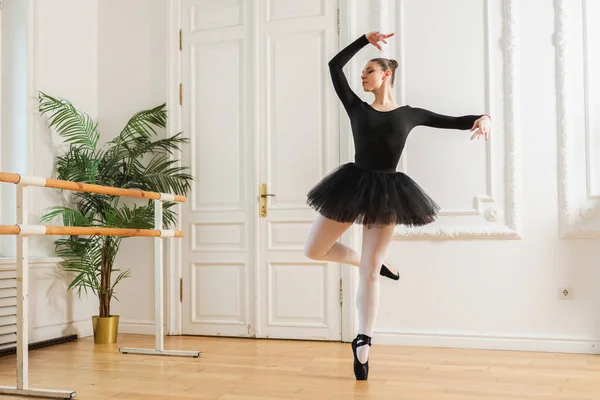 Bale dersinde etekli balerin dans ederek bale yapıyor. Dans stüdyosundaki genç klasik dansçı kadın. Bale sınıfı eğitimi. Bale okulunda dans provası yapan sanatçı kız.