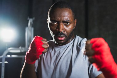 Spor salonunda boksör. Saldırgan Afrikalı dövüşçü boks eğitiminden sonra dinleniyor kameraya bakarak dövüşmeye hazır. Güçlü terli adam yumruklarını eğitiyor. Doğruca antrenmana hazırlanıyor.