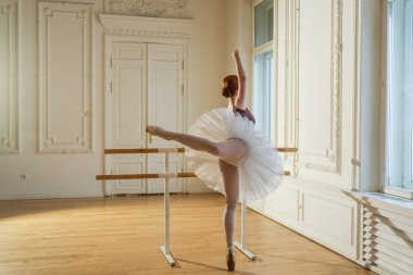 Tutu etekli genç balerin dans sınıfında bale pozisyonlarında dans ediyor. Dans stüdyosundaki genç klasik dansçı kadın. Bale sınıfı eğitim konsepti