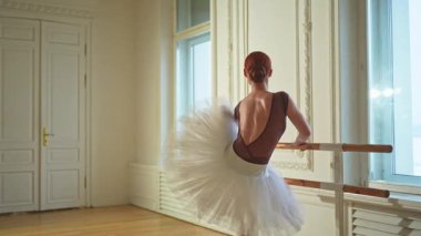 Tutu etekli genç balerin dans sınıfında bale pozisyonlarında dans ediyor. Dans stüdyosundaki genç klasik dansçı kadın. Bale sınıfı eğitim konsepti