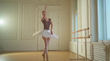 Bale dersinde etekli balerin dans ederek bale yapıyor. Dans stüdyosundaki genç klasik dansçı kadın. Bale sınıfı eğitimi. Bale okulunda dans provası yapan sanatçı kız.