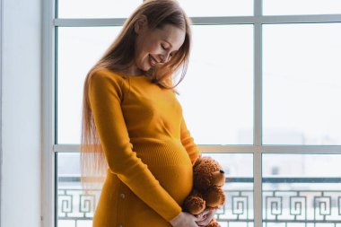 Hamilelik anneliği. Koca göbekli hamile bir kadın. Evinin penceresinin yanında duran oyuncak ayıya sarılıyor. Mutlu gülümseyen kız hamileliğin tadını çıkarıyor. Annelik şefkati ebeveynlik yeni yaşam konsepti
