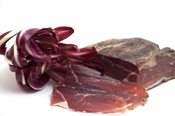 Red radicchio salad and bacon — Stock Photo, Image