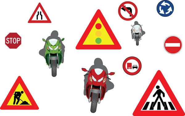 Motocyclette et panneaux routiers — Image vectorielle
