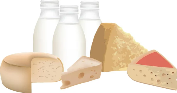 Botellas Vidrio Con Leche Queso — Vector de stock