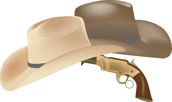 Sombreros Tipo Cawboy Tradicionales Con Arma Fuego — Vector de stock