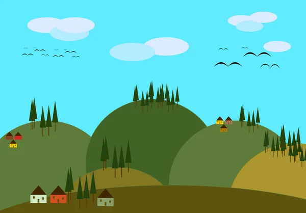 Paysage Montagneux Printemps Avec Maisons Animaux — Image vectorielle