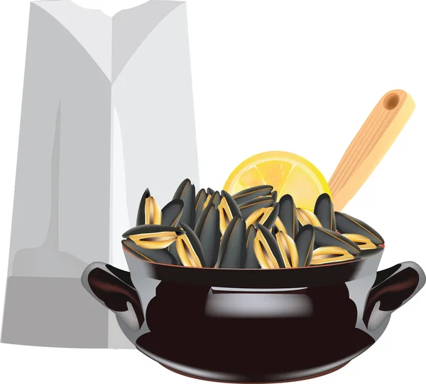 Mejillones estofados cacerola de terracota ovalada con mejillones estofados crustáceos — Vector de stock