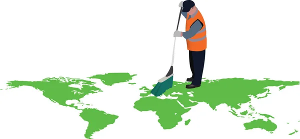 Ecological Operator Broom Cleans Continents — Stock Vector