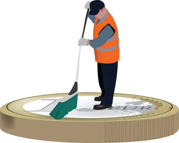 Ecological Operator Broom Cleans Euro Coin — Stock Vector