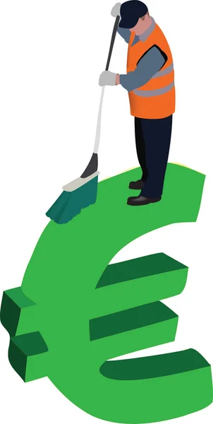 Ecological Operator Broom Cleans Euro Symbol — Stock Vector