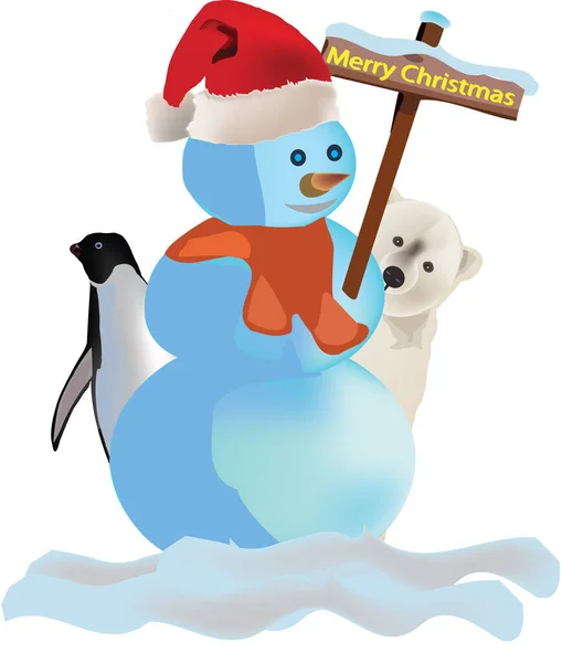 Schneemann Mit Pinguin Und Eisbär Frohe Weihnachten — Stockvektor