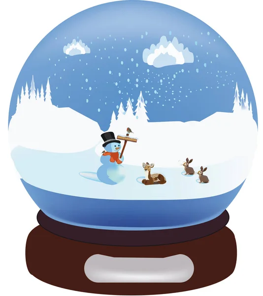 Стеклянный Мяч Снежным Ландшафтом Внутри Снеговиком — стоковый вектор