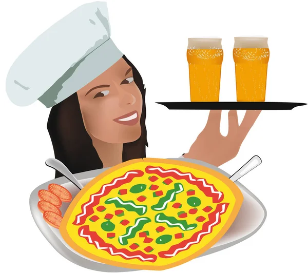 Serveuse Avec Plateau Bières Légères Pizza — Image vectorielle