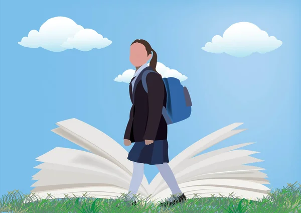 Kleines Mädchen Mit Offenem Bücherrucksack Auf Rasen Und Himmel — Stockvektor