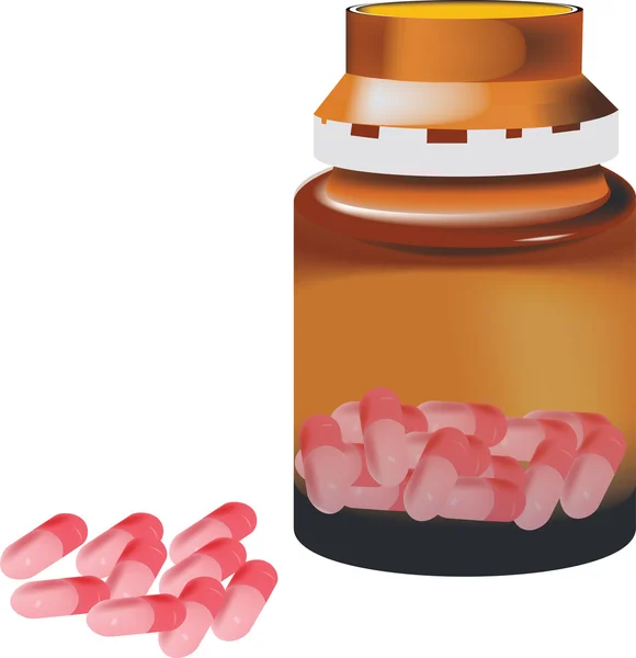 Roze capsule pillen met container — Stockvector
