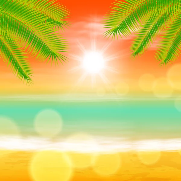 Puesta de sol en el mar con hojas de palmera y luz en la lente — Vector de stock