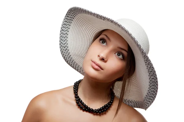 Kobieta w kapeluszu na białym tle — Zdjęcie stockowe