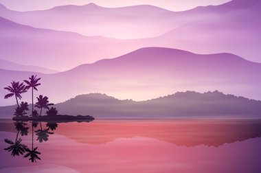 Deniz ve palmiye ağaçları ile mor arka plan