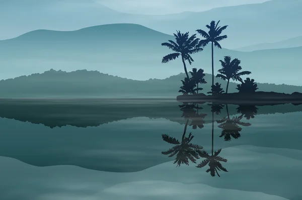 在夜间的海水和棕榈树的背景. — 图库矢量图片